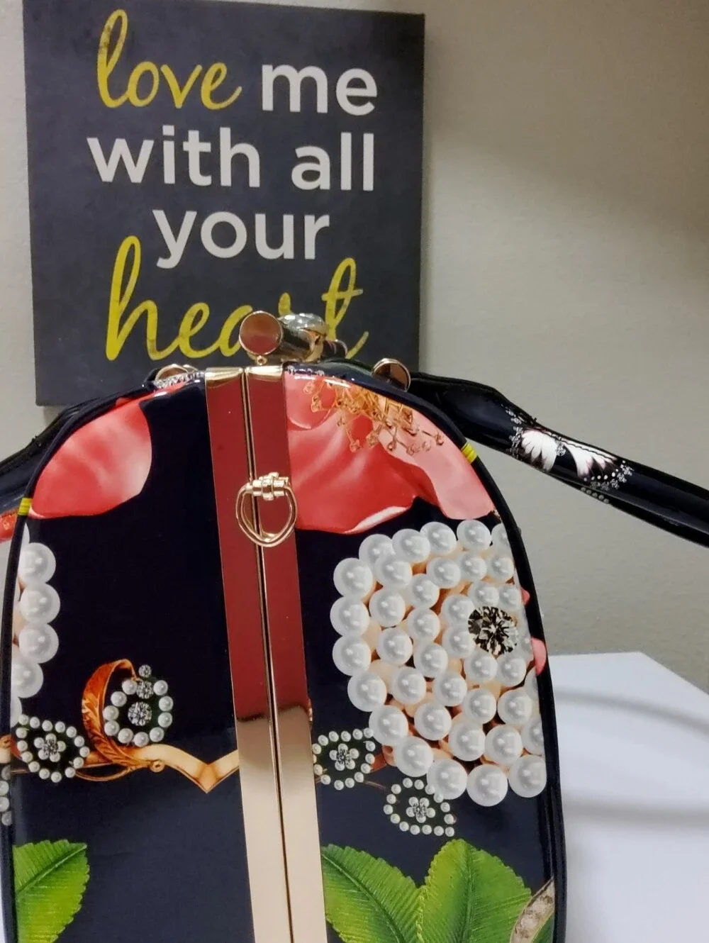 Patent Floral Satchel Handbag - Navy with Pink Flowers